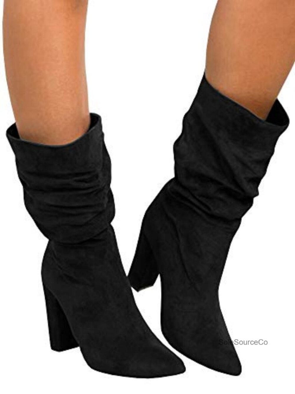 Syktkmx Womens Faux Suede Slouchy Mid Calf High Heel Pointed Toe Boots